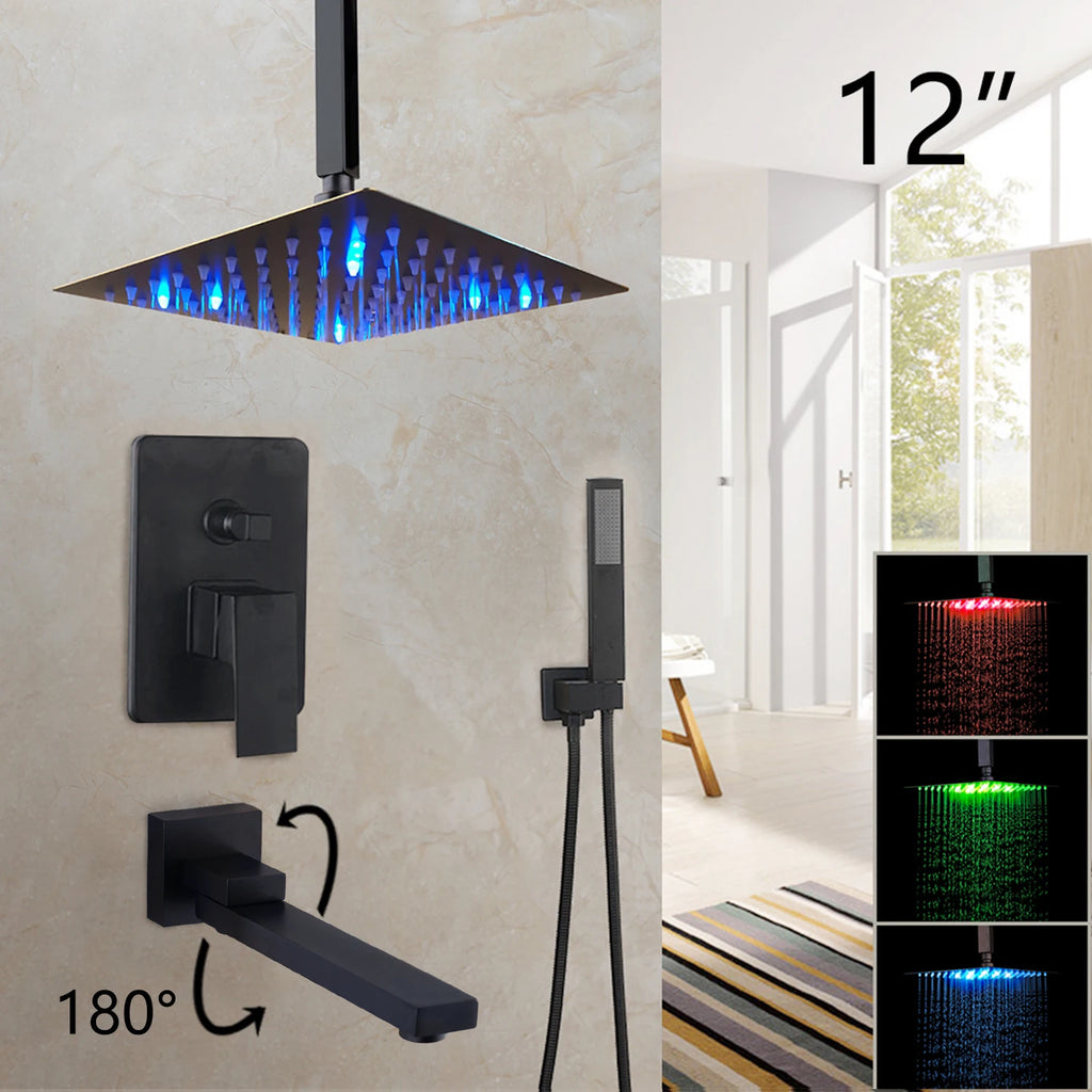 KEMAIDI Matte Black Shower Faucet Set Rain Waterfall Concealed Shower System Wall Mount Bathtub Shower Mixer LED Shower Set