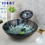 JIENI Hand-Painted Tempered Glass Chrome Round Basin Tap Bathroom Sink Washbasin Black Lavatory Bath Brass Set Faucet Mixer Tap