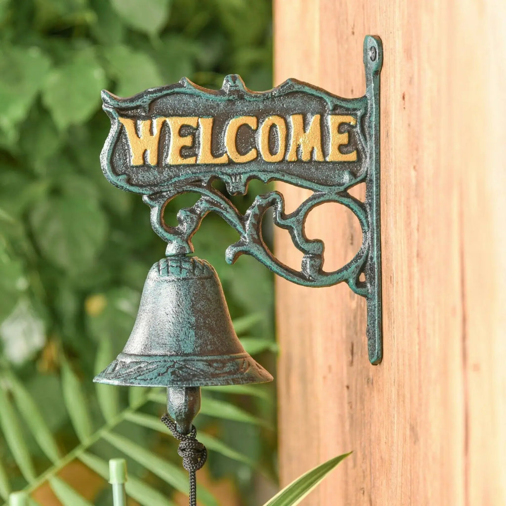 Heavy Duty Cast Iron Wall Hanging Bell Welcome  - Decorative Vintage Green Flower Vine Manually Shaking Doorbell