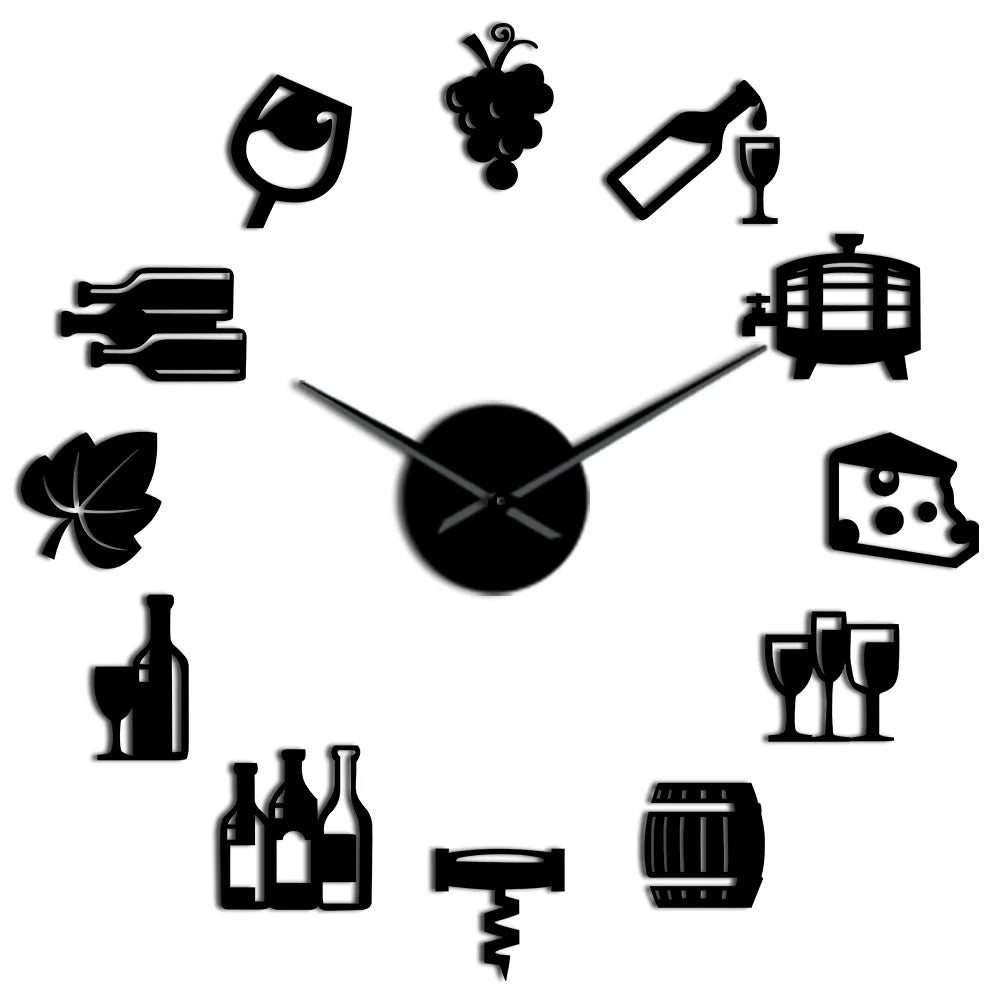 Cheese and Wine Modern Kitchen Art Stickers DIY Giant Wall Clock Alcoholic Drink Pub Bar Sign Cork Screw Decorative Wall Watch