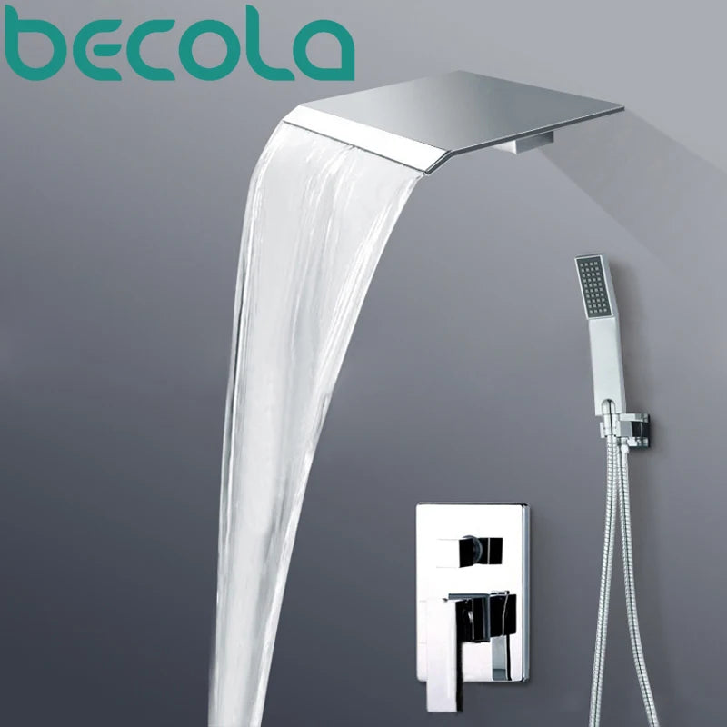 Becola Polished Chrome Luxury Wall Mounted Rain & Waterfall Shower Faucet Set With Hand Shower Single Handle BR-PB-100