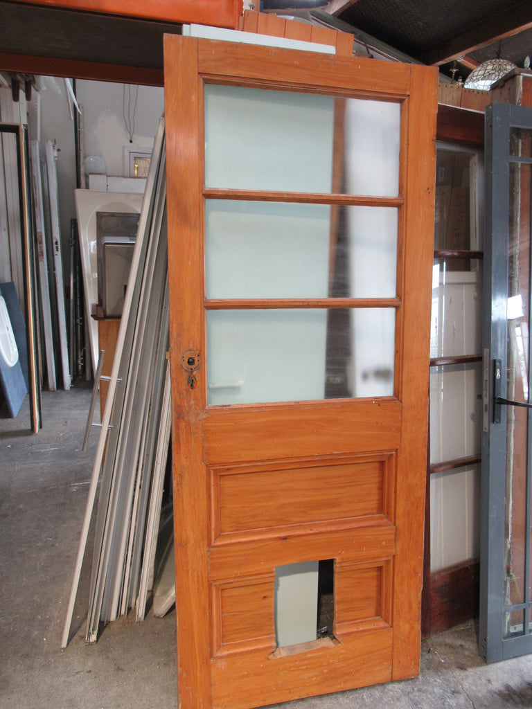 3  lite/2 Panel Native Timber Door with Obscure Glass and Hole for Cat Flap 1970H x 810W x 40D