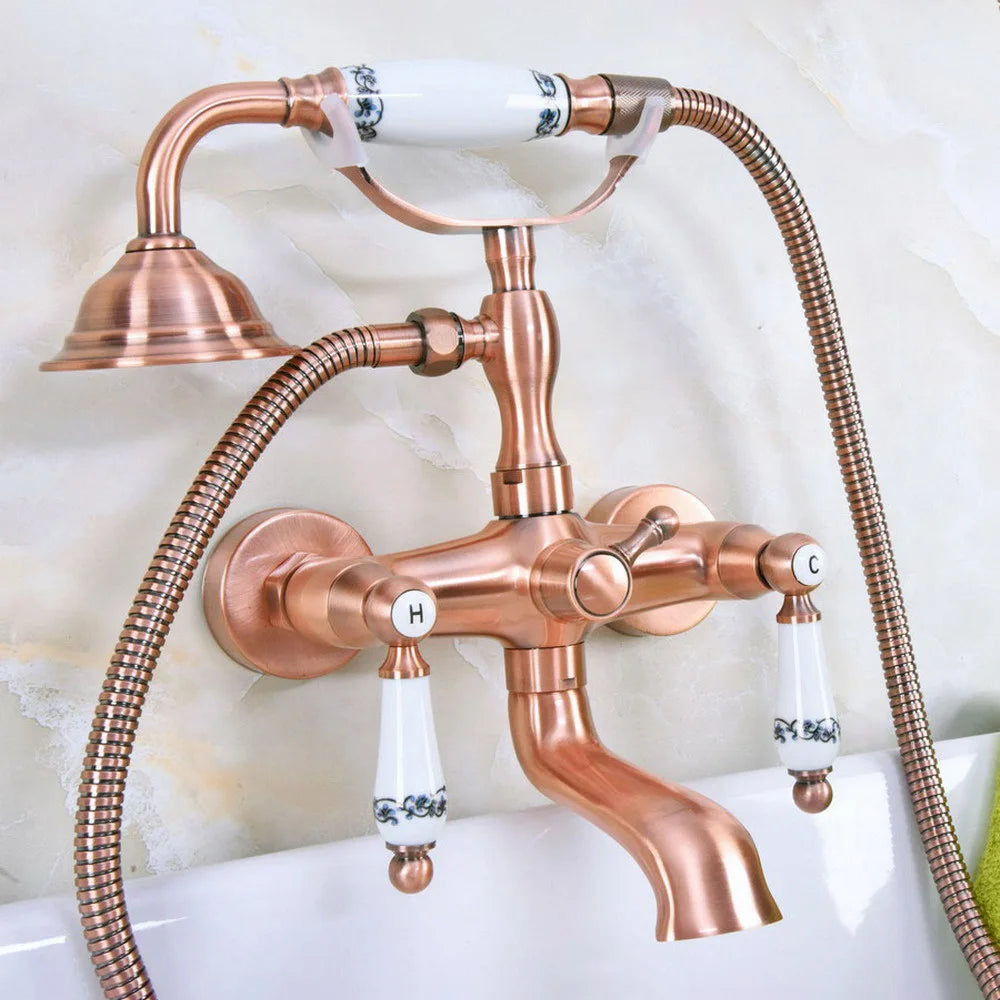 Antique Red Copper Bathtub Shower Faucet Set Dual Knobs Wall Mounted Bathtub Mixer with Handshower