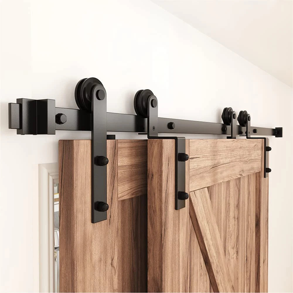 LWZH I-Shaped Bypass Sliding Barn Door Hardware Kit Double Door Track Bent Hanger System (4-9.6FT)LWZH Heavy Duty Sliding Barn Door Modern Wooden Sliding Barn Door Hardware Kit Black Y- Shaped Roller for 11FT 12FT Single Door