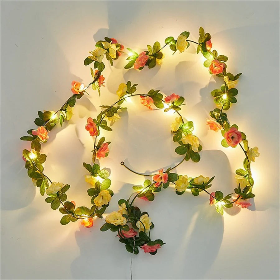 2/5/10M Rose Flower Vine String Light Artifical Green Leaf Copper Wire LED Fairy Garland Light