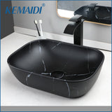 KEMAIDI Marble BoomHoze Black  Faucet and Drain Combo Marble Coated Porcelain Bathroom Sink Above Counter