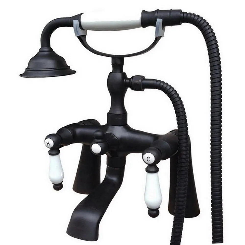 Black Oil Rubbed Brass Deck Mounted Bathtub Mixer Faucet Double Ceramic Handle Tub Water Taps With Handheld Sprayer Ntf504