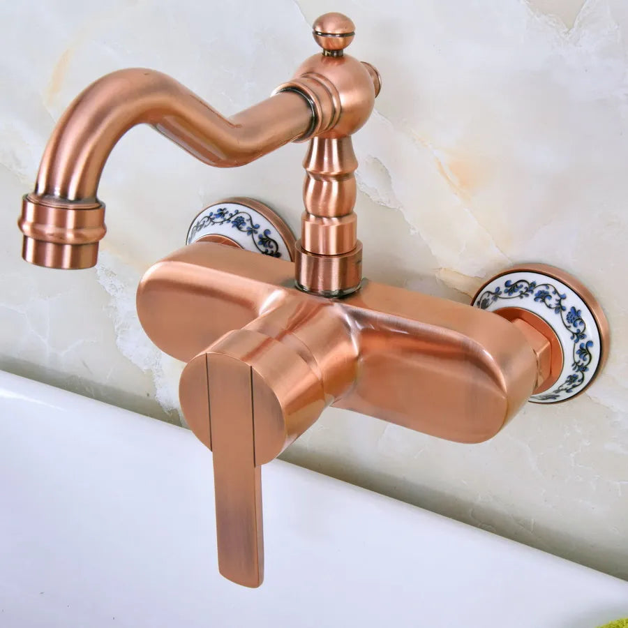 Antique Red Copper Brass Bathroom Kitchen Sink Basin Faucet Mixer Tap Swivel Spout Wall Mounted Single Lever Handle mnf940