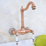 Antique Red Copper Kitchen Sink Bathroom Basin Faucet Mixer Tap Swivel Spout Wall Mounted Dual Ceramic Handles Lnf954