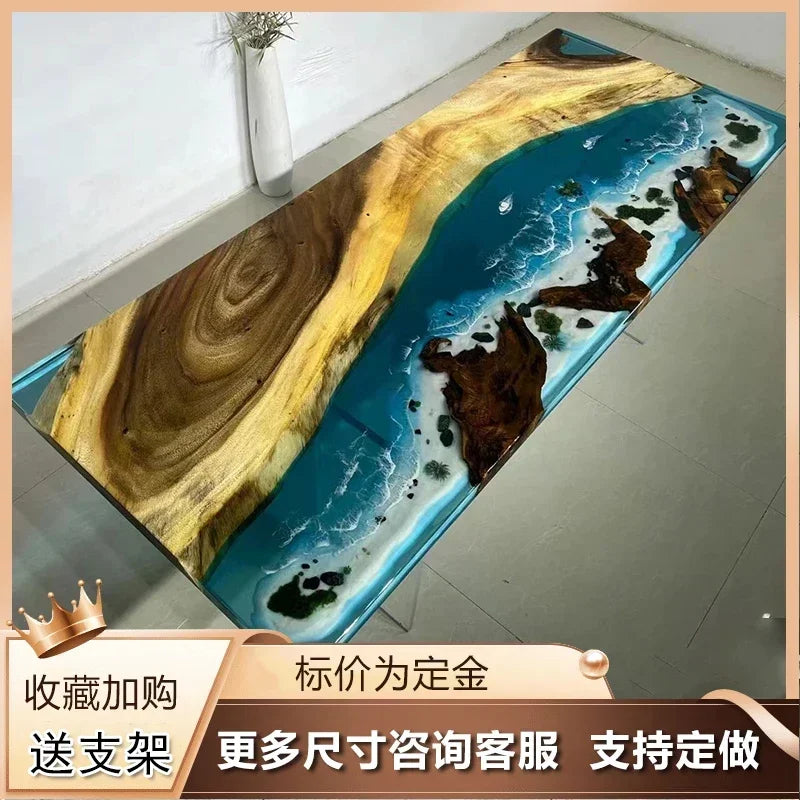 Epoxy resin river table walnut log solid wood large board  poplar tea table simple