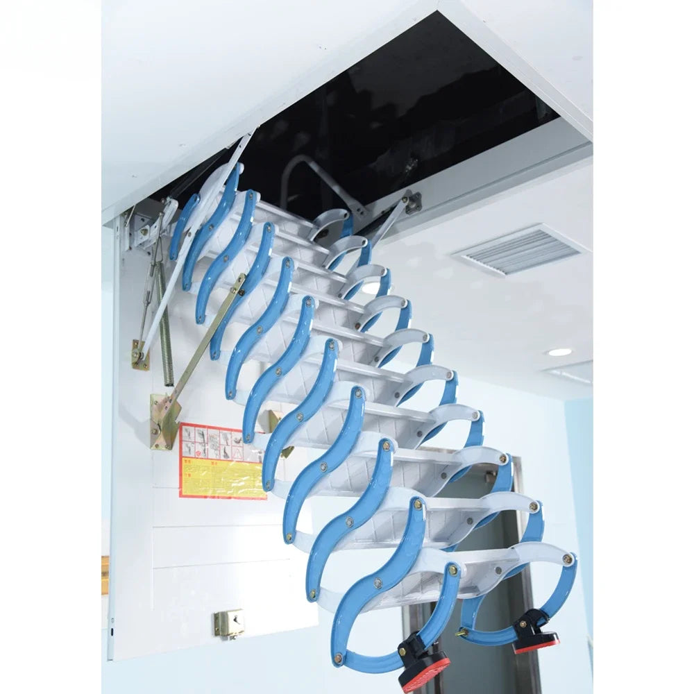 Carbon Steel Blue Manual Telescoping Upright Folding Attic Ladder