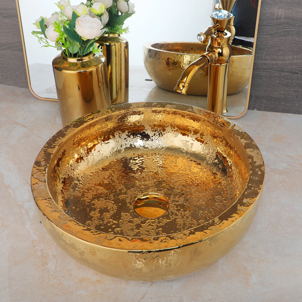 KEMAIDI Ceramic Bathroom Vessel Sink Gold with Faucet Porcelain Above Counter Luxury Vessel Sinks for Bathrooms