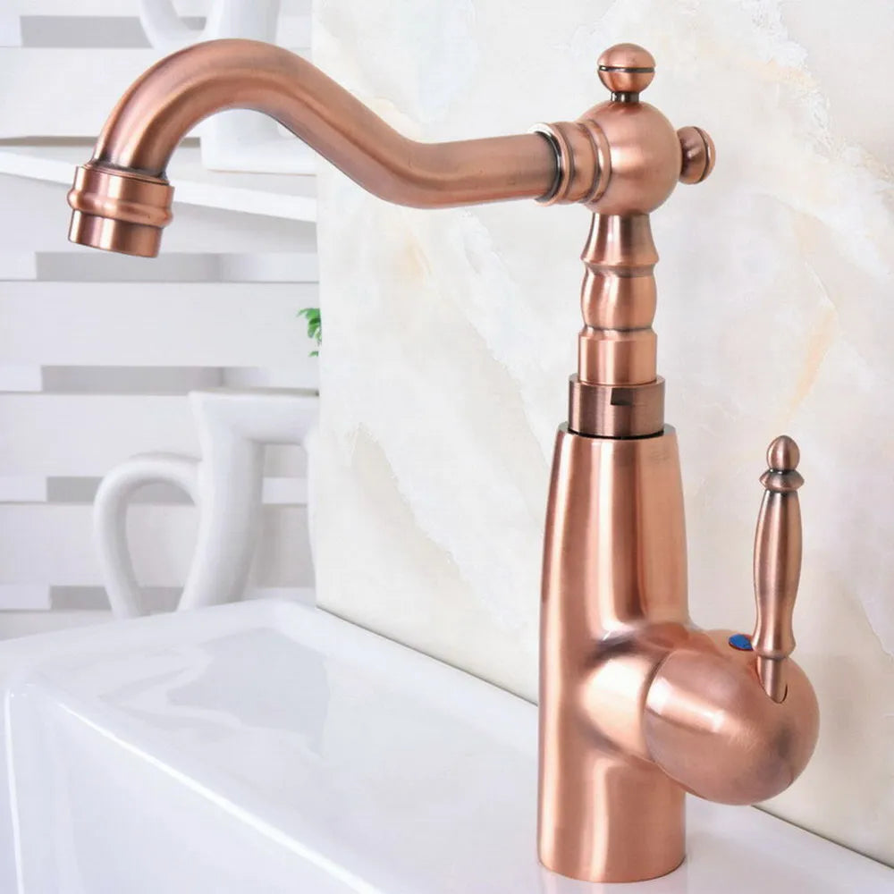 Antique Red Copper Brass Single Handle One Lever Bathroom Kitchen Basin Sink Faucet Mixer Tap Swivel Spout Deck Mounted mnf630