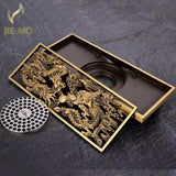 Bathroom floor drain copper antique dragon phoenix picture cover large displacement floor drain 20cm long strip odor-proof drain