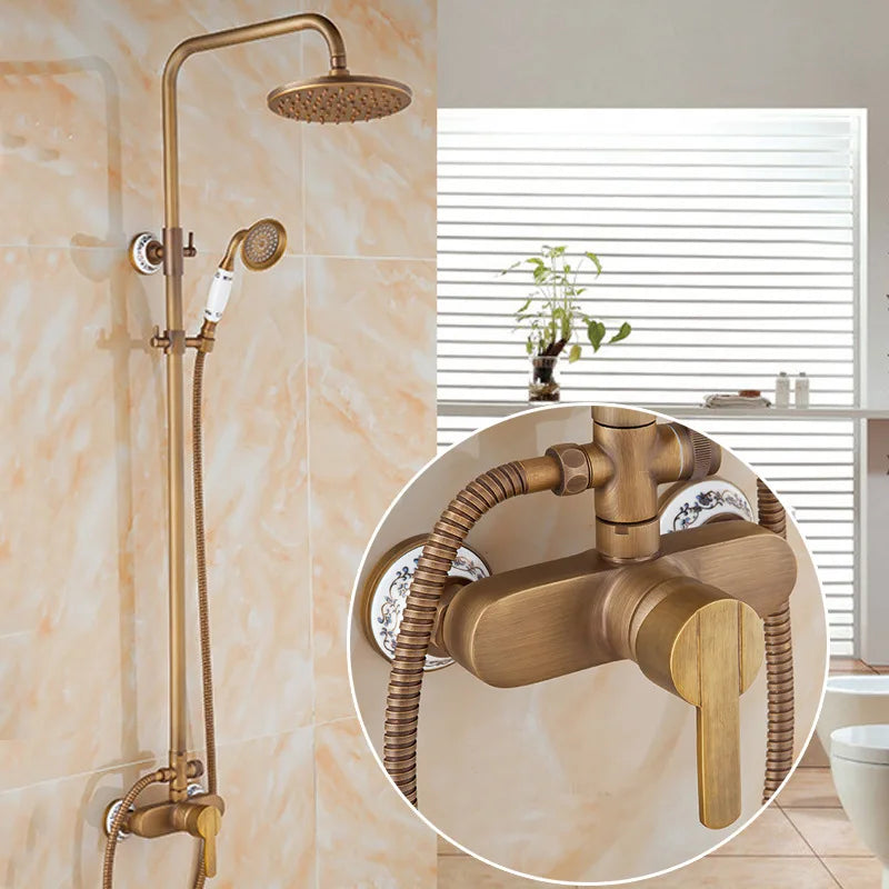 Wall Mounted Mixer Valve Rainfall Antique Brass Shower Faucet Complete Sets + 8" Brass Shower Head + Hand Shower + Hose Pipe