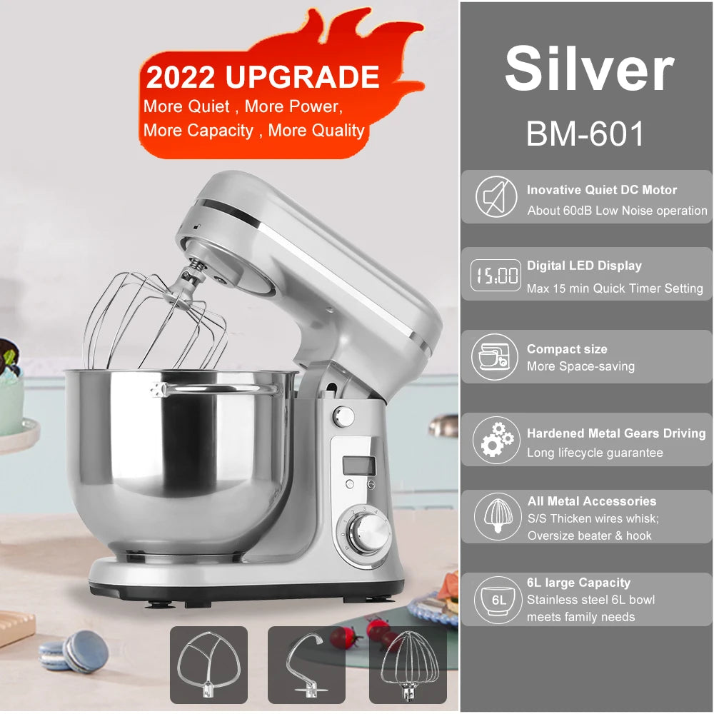 BioloMix Kitchen Food Stand Mixer, Blender, Quiet Motor, Cream Egg Whisk, Whip Dough Kneader, 6-Speed, 1200 W, 6 L, DC