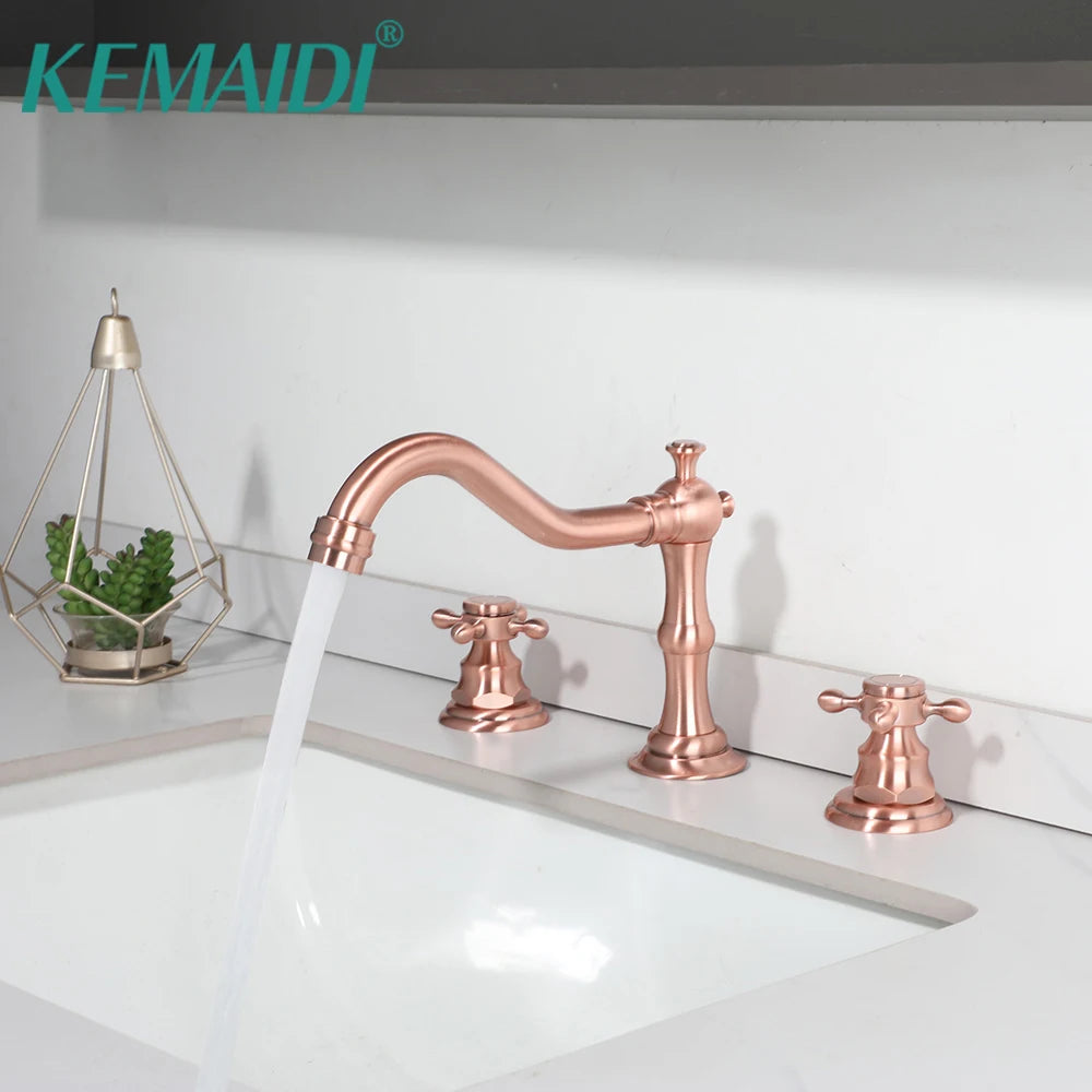 KEMAIDI Bathroom Vessel Sink Faucet Rose Gold Vanity Three Hole Daul Handles Basin Faucets Hot And Cold Mixer Deck Mounted Tap