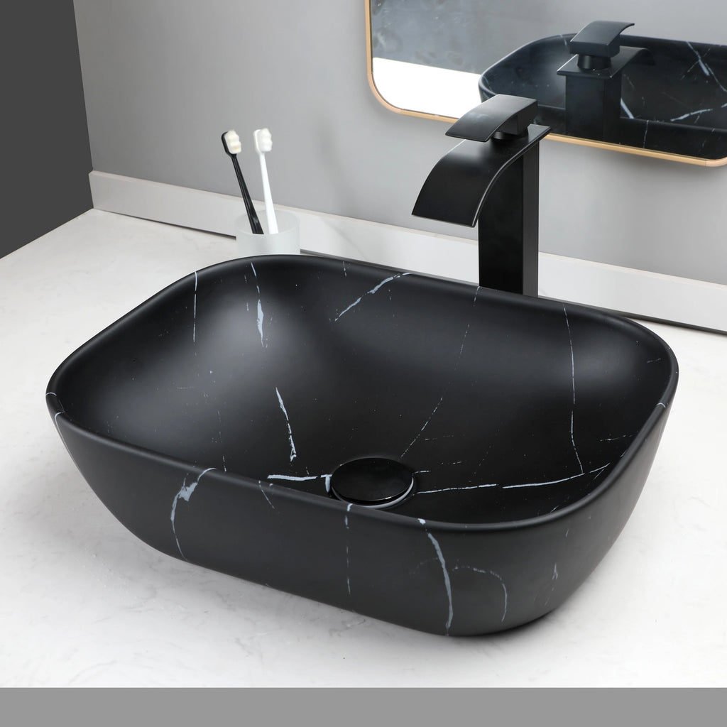 KEMAIDI Marble BoomHoze Black  Faucet and Drain Combo Marble Coated Porcelain Bathroom Sink Above Counter