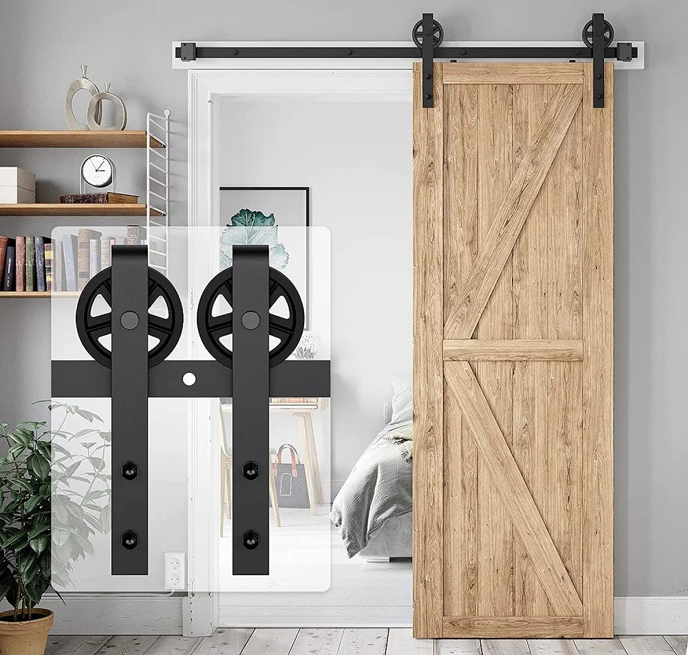 LWZH 4FT-9.6FT Classic Rail Sliding Barn Door Big Wheels Black Wheel Track System for Single Door