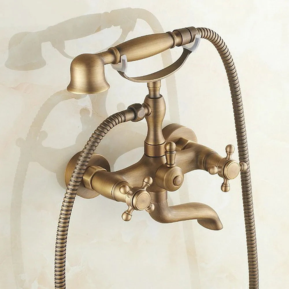 Antique Brass Dual Cross Handles Wall Mounted Bathroom Tub Faucet with Hand Held Shower Sprayer Ntf151