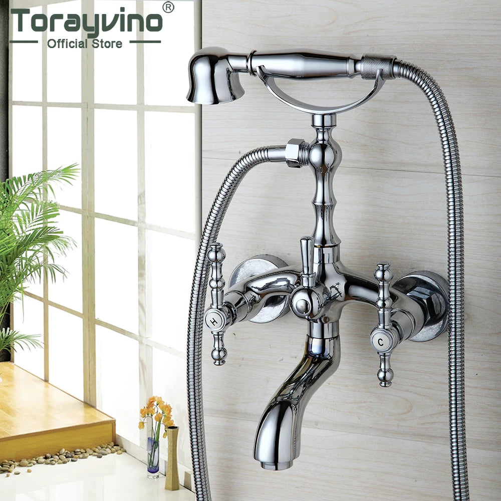 Torayvino Chrome Bathtub Faucet Telephone Style With Sprayer Hand Shower Rotate Spout Faucets Wall Mounted Tub Mixer Water Tap