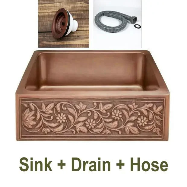 60*43*20cm Antique Copper Regtangular Apron Front Single Bowl Artistic Kitchen Sink